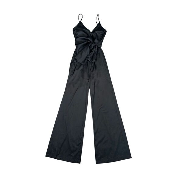 petal + pup black satin wide leg faux wrap jumpsuit silky elegant flowy size XS - Picture 2 of 14